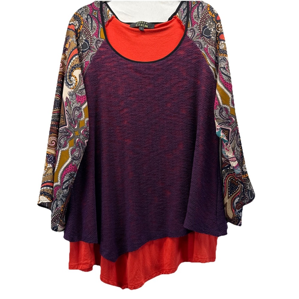 Citron Designer Top Sz Large Orange Purple Overlay Knit Paisley Sleeves Stretch